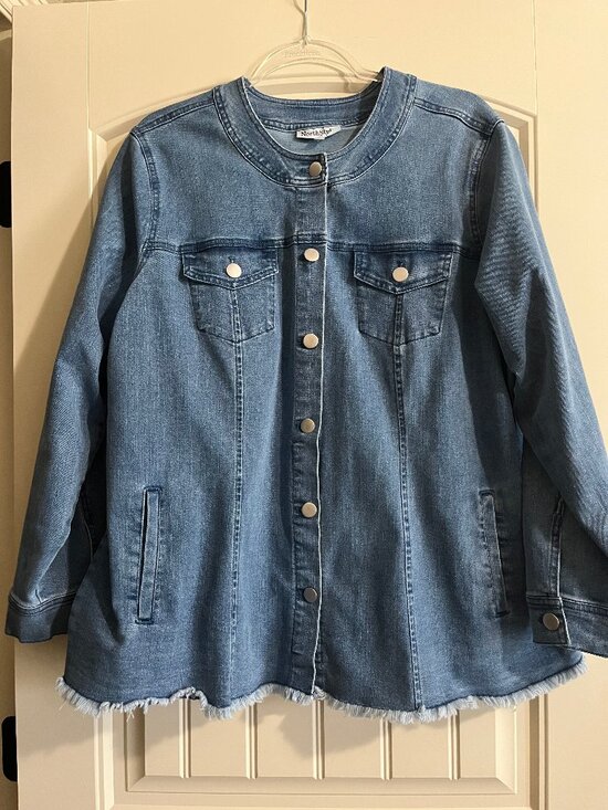 NorthStyle Jackets & Blazers - Plus Size 1X NorthStyle Fringed-Hem Denim Jacket, Collarless Button Front